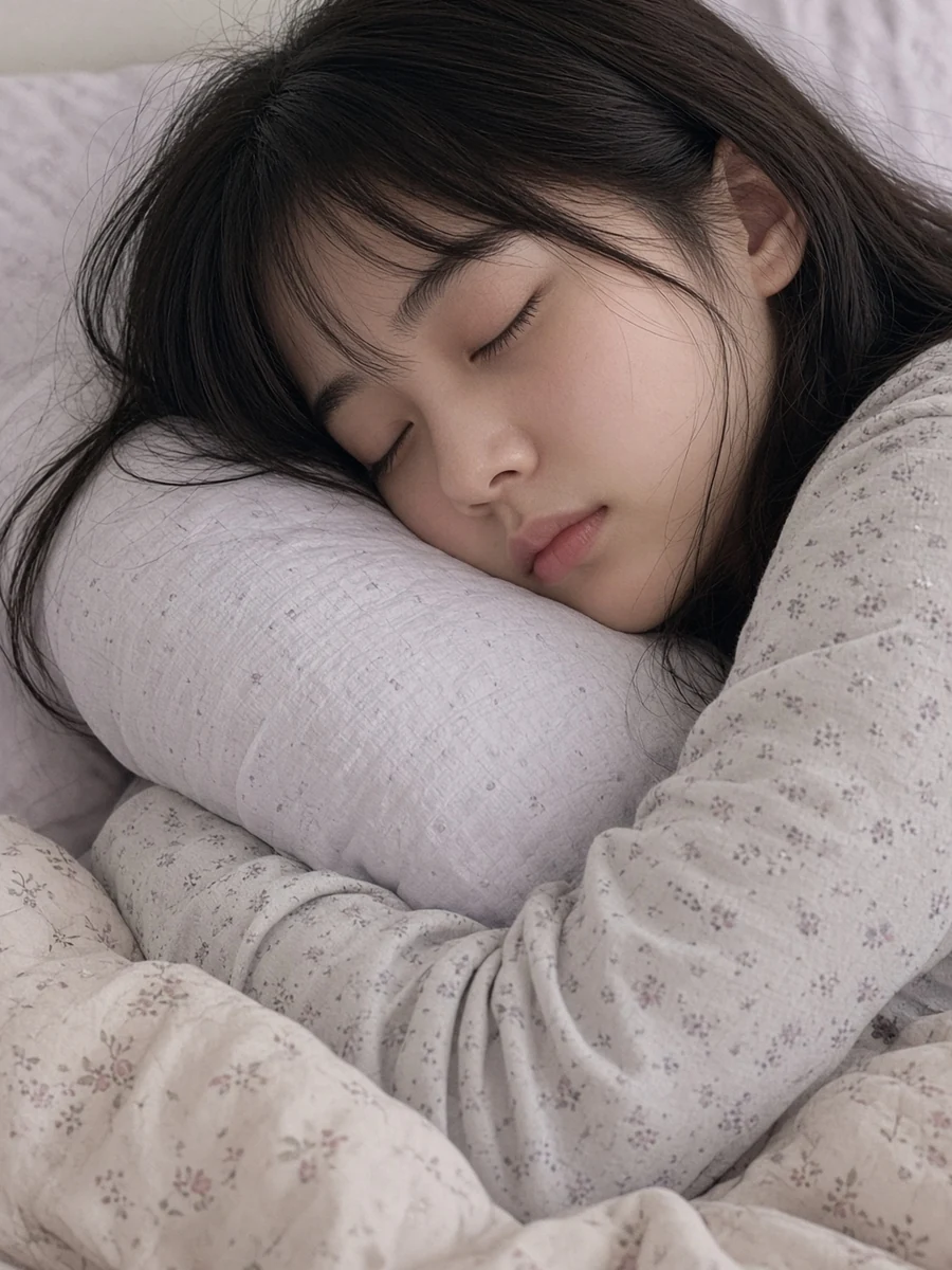 枕に顔を寄せて眠る女性